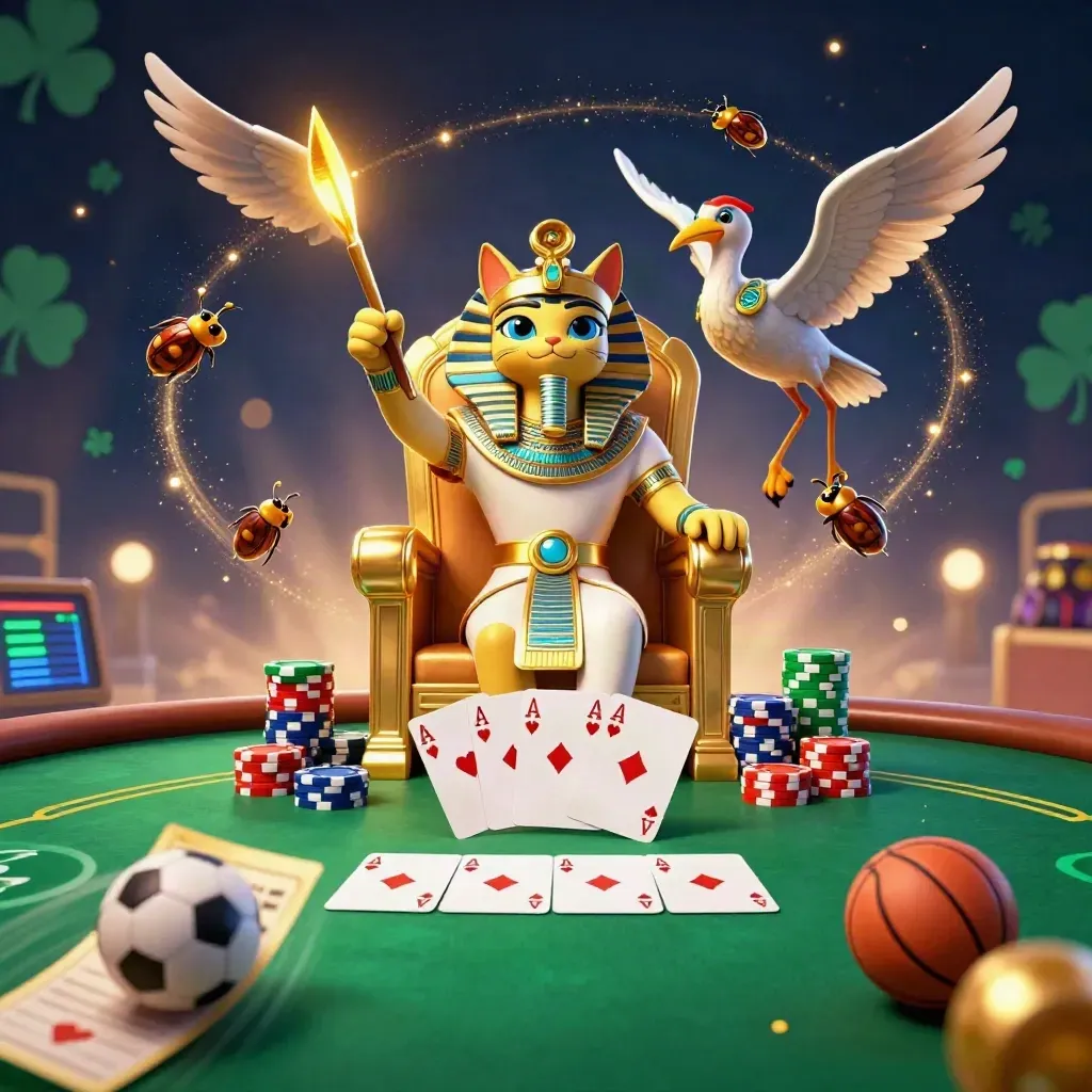 Faraokat på tron med ibis, skarabéer, pokerchips och bollar i gyllene casino-ljus.