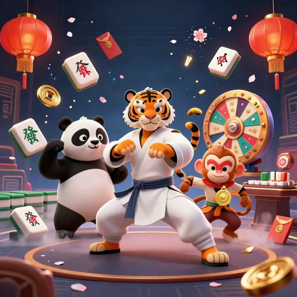 Kung fu-tiger med panda och apa i lyxigt neonbelyst casino med mahjong och lanternor