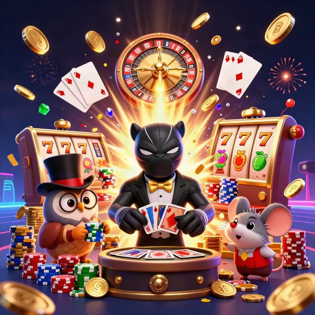 Panter, uggla och mus i lyxig casinostorm av mynt, kort och neon.