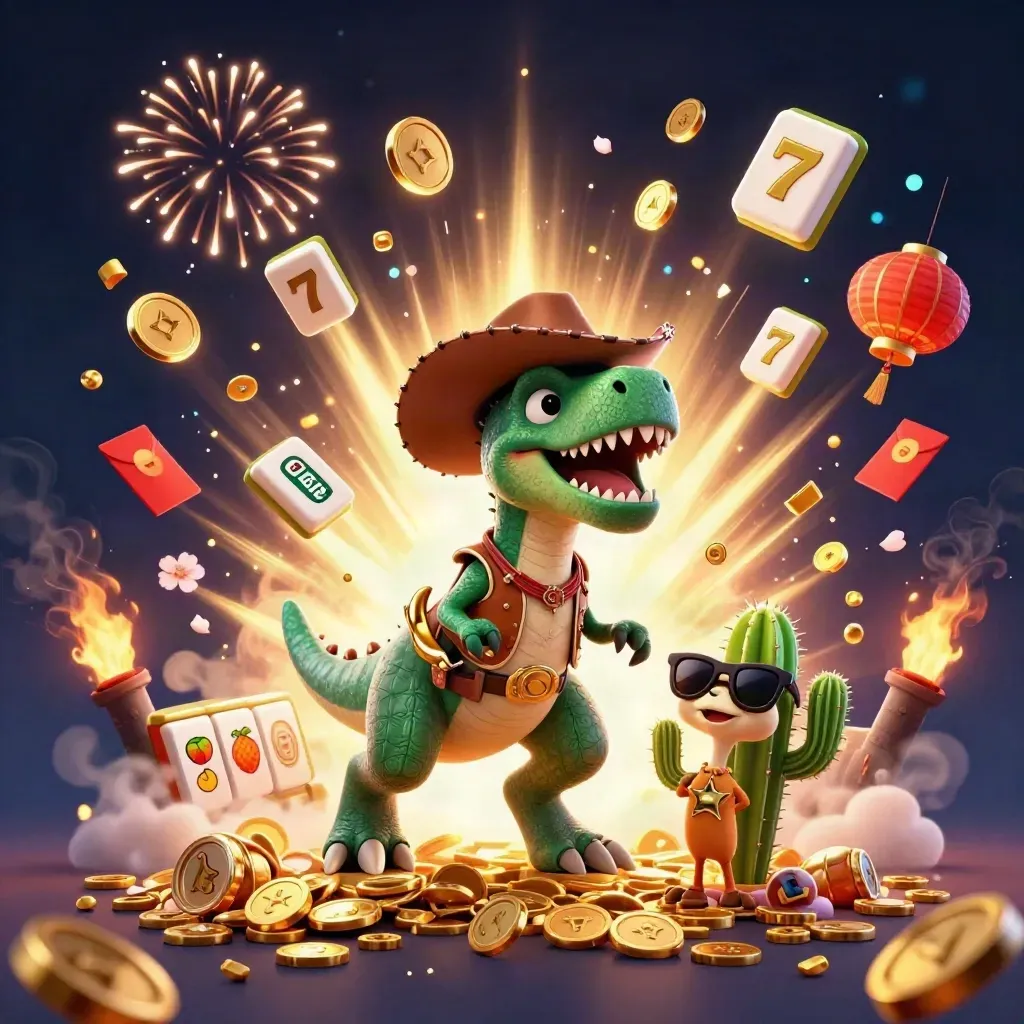 3D cowboy-T-Rex, cactus och sheriff-roadrunner i ett gyllene bonusfyrverkeri.