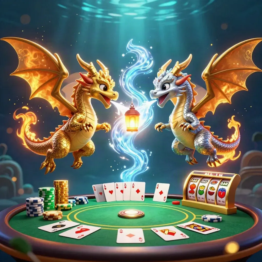 Två drakar i guld och silver flyger i yin-yang över pokerkort och ljuseffekter i mörk casinoatmosfär.